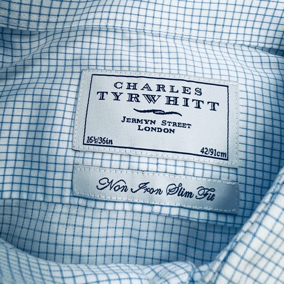 Charles Tyrwhitt White w/ Blue Check French Cuff Slim Dress Shirt 16.5-36 - Picture 3 of 3